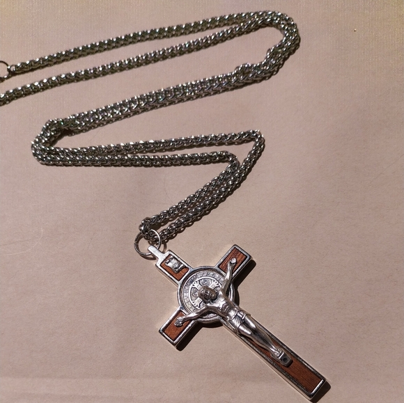 Silver & Brown Crucifix Pendant Necklace - Picture 6 of 10